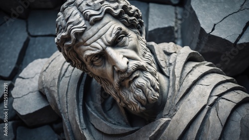 head of sculpture of an antique man in the mountains
