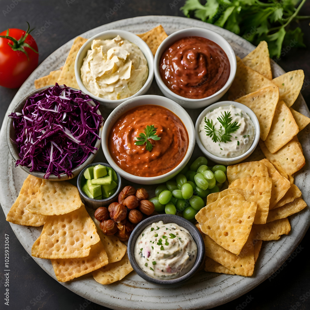 An assortment of dips and snacks presented together, featuring various flavors An assortment of dips and snacks presented together, featuring various flavors