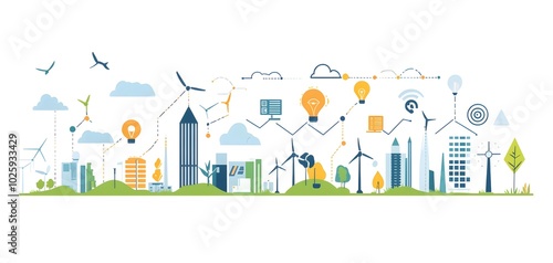 Modern cityscape featuring renewable energy symbols, graphs, and technology elements for sustainable development themes.