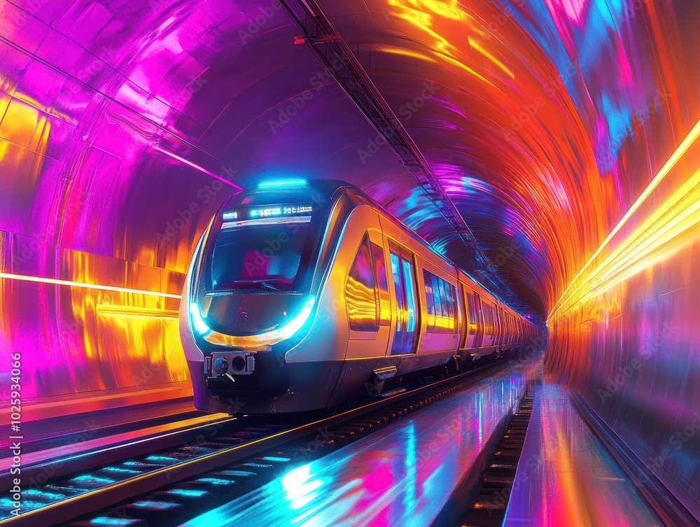 A train emerging from a tunnel in a virtual reality landscape, with bright neon lights, abstract shapes, and a futuristic digital environment blending with the train's movement A train emerging from a tunnel in a virtual reality landscape, with bright neon lights, abstract shapes, and a futuristic digital environment blending with the train's movement