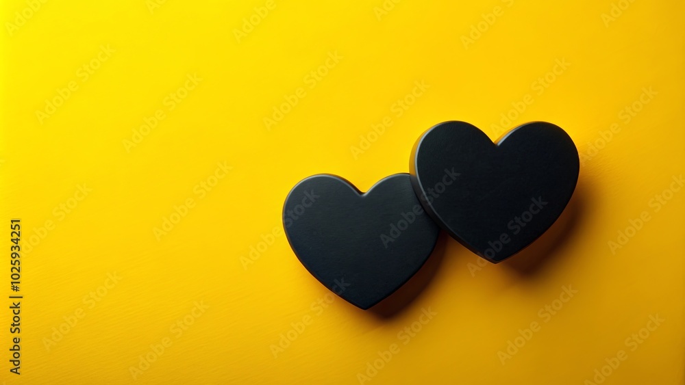Two black hearts, one slightly overlapping the other, rest on a bright yellow surface, creating a simple yet striking visual contrast. Two black hearts, one slightly overlapping the other, rest on a bright yellow surface, creating a simple yet striking visual contrast.