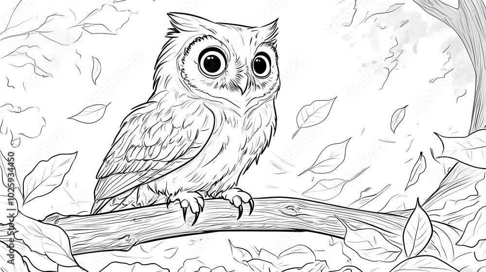 Fototapeta premium A curious owl perched on a low branch with big round eyes, surrounded by scattered leaves, simple forest background with bold lines, low details, no shading,