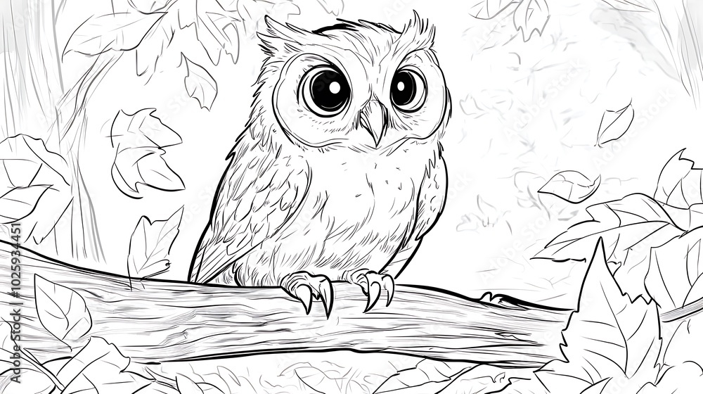Fototapeta premium A curious owl perched on a low branch with big round eyes, surrounded by scattered leaves, simple forest background with bold lines, low details, no shading,