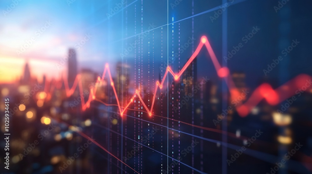 Abstract depiction of a fluctuating financial graph over a cityscape at sunset.