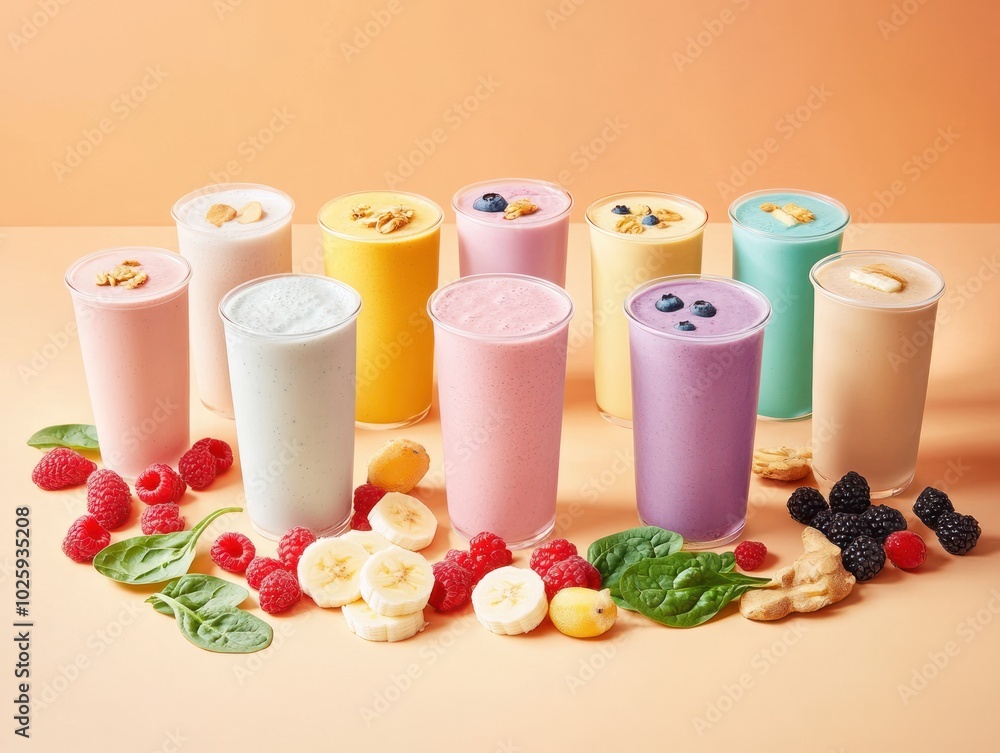 A vibrant protein shakes background, showcasing a variety of shakes in different flavors, with fresh ingredients like bananas, berries, and spinach next to the drinks A vibrant protein shakes background, showcasing a variety of shakes in different flavors, with fresh ingredients like bananas, berries, and spinach next to the drinks