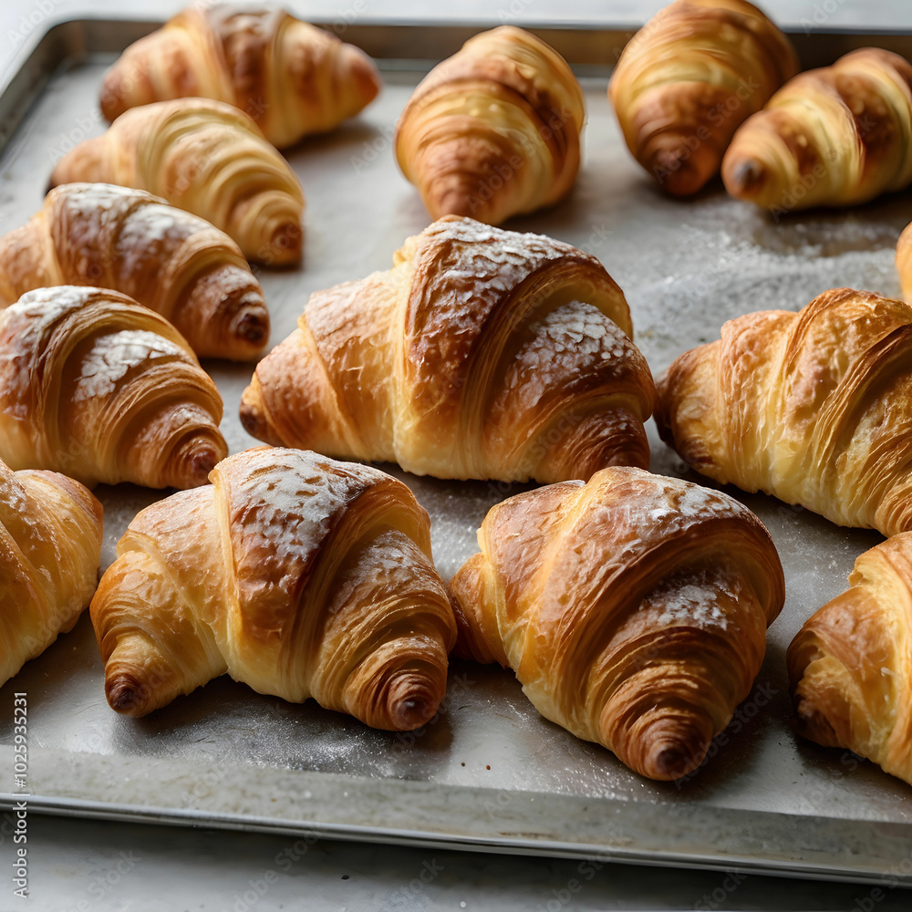 Freshly baked croissants arranged on a baking sheet, Freshly baked croissants arranged on a baking sheet,