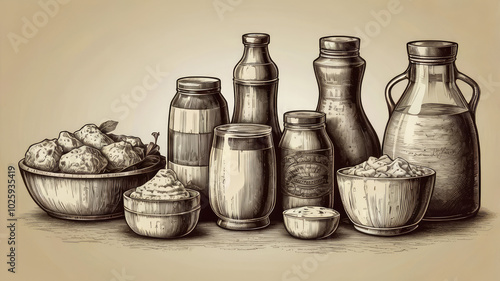 Vector illustration of a set of dairy products in the style of engraving
