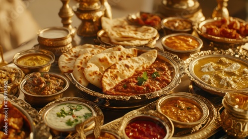 A vibrant spread of traditional Indian food, featuring a variety of curries, naan bread, and colorful chutneys, served in brass bowls with ornate detailing