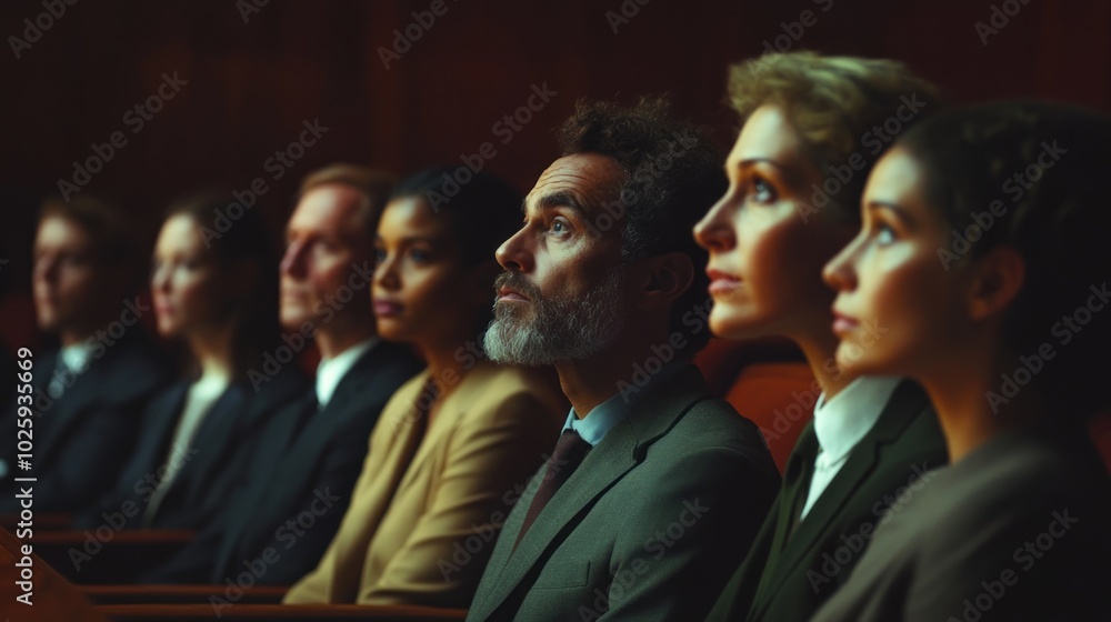 A group of diverse individuals seated in a formal setting, appearing engaged and contemplative. A group of diverse individuals seated in a formal setting, appearing engaged and contemplative.
