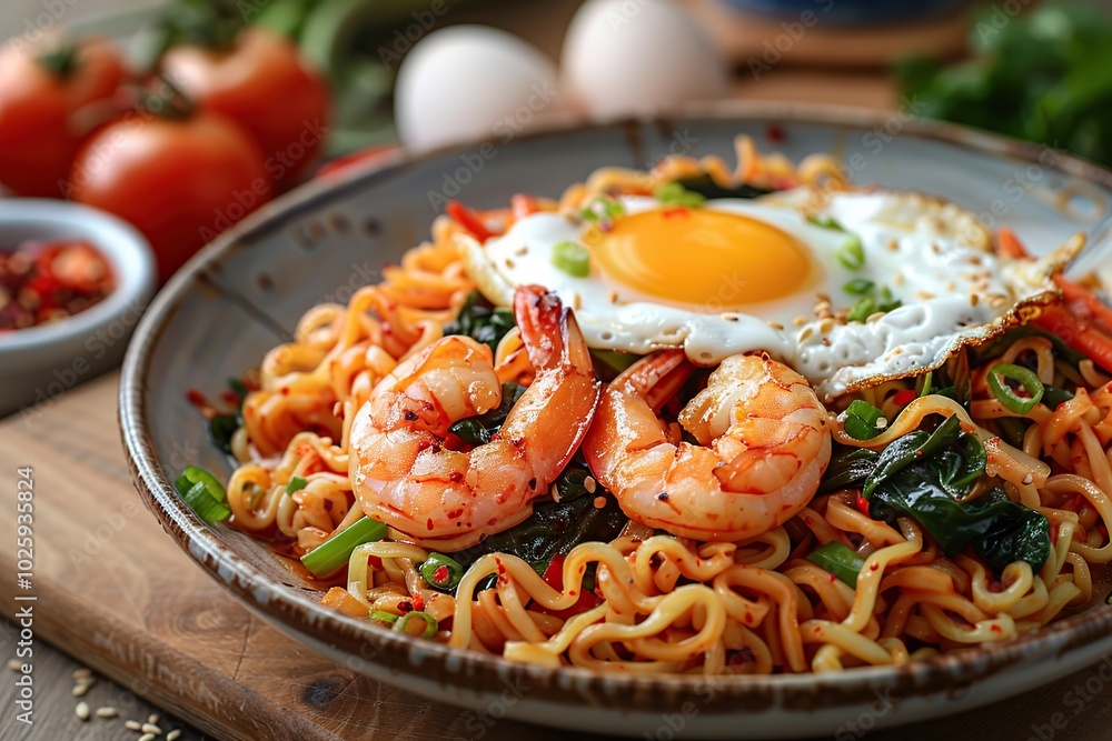 A plate of spicy ramen noodles with fried egg, shrimp, and vegetables. A plate of spicy ramen noodles with fried egg, shrimp, and vegetables.