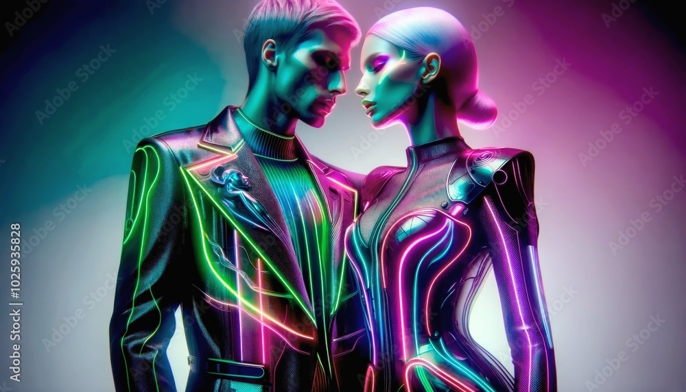 A futuristic couple stands close, dressed in neon-lit suits, glowing with vibrant colours. The scene is cyberpunk-inspired, with sleek, glowing lines and a sci-fi atmosphere. A futuristic couple stands close, dressed in neon-lit suits, glowing with vibrant colours. The scene is cyberpunk-inspired, with sleek, glowing lines and a sci-fi atmosphere.