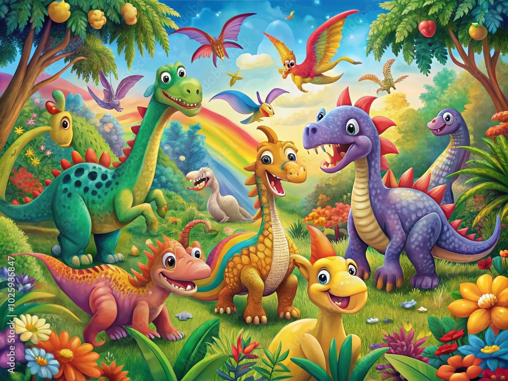 Naklejka premium Colorful Cartoon Dinosaurs with Trees and Rainbows for Kids' Posters – Fun and Whimsical Illustrations