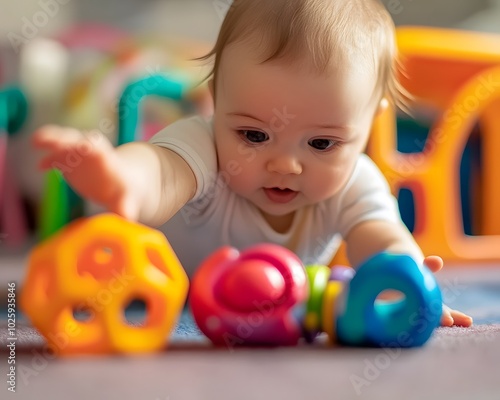 A curious baby exploring colorful toys on the floor, encouraging play and development in a safe environment.