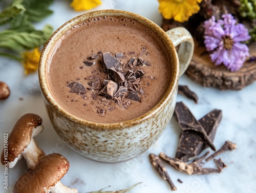 A warm mug of hot chocolate with adaptogens, featuring ingredients like reishi, ashwagandha, and cacao, designed for both flavor and health benefits photo