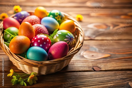 Colorful Easter Eggs in a Basket on Table - Vibrant Spring Decor for Celebrations