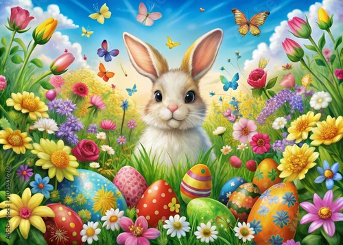 Colorful Easter Floral Illustration with Bunny - Happy Easter Greeting Card Design