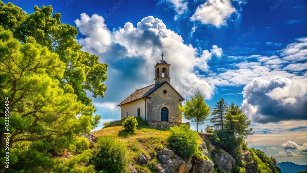 Nestled on a mountain, a quaint church emerges under expansive blue skies, offering a captivating scene for macro photographers to explore its delicate features. Nestled on a mountain, a quaint church emerges under expansive blue skies, offering a captivating scene for macro photographers to explore its delicate features.