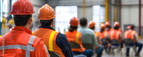 A group of construction workers in safety helmets and vests attending a training session in an industrial environment.