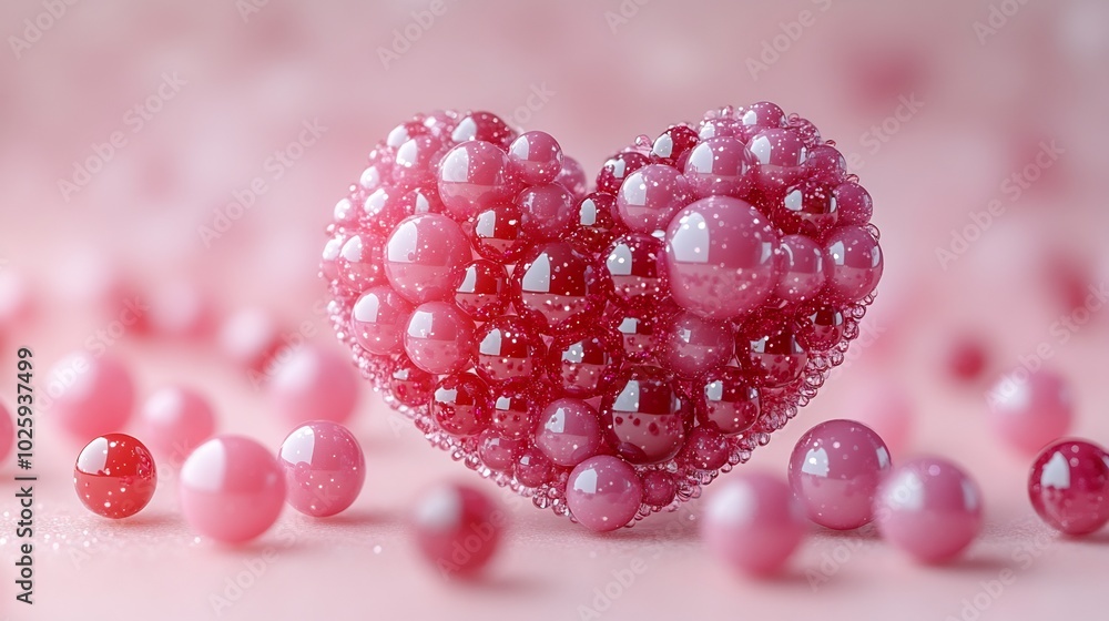 Heart made of glossy red and pink spheres including metallic and glass textures arranged in a minimalist 3D render on a soft pink background perfect for a modern Valentine's Day celebration Heart made of glossy red and pink spheres including metallic and glass textures arranged in a minimalist 3D render on a soft pink background perfect for a modern Valentine's Day celebration