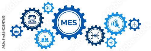Manufacturing Execution System (MES) Banner Vector Concept with Icons for Factory Automation, Production Management, Distribution, and Analysis