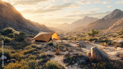 An adventurous off-the-grid camping location, showcasing a remote mountain or desert campsite, with no modern infrastructure, offering a pure escape into nature photo