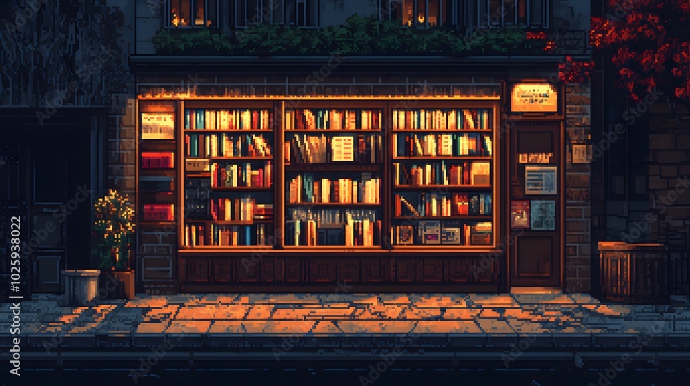 Quaint Bookstore at Night in Pixel Art Style Quaint Bookstore at Night in Pixel Art Style
