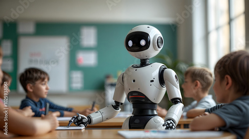 Humanoid robot teaching children in a classroom