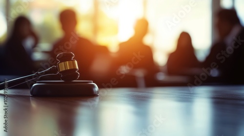 A gavel rests on a table, symbolizing justice in a courtroom setting with blurred figures in background.