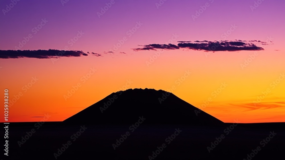 A silhouette of a volcanic mound against a vibrant sunset sky. A silhouette of a volcanic mound against a vibrant sunset sky.