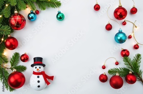 On a white background, Christmas tree branches, red and blue Christmas decorations, a small snowman on the left side, a garland. Top view, space for text in the middle. New Year's background, template photo