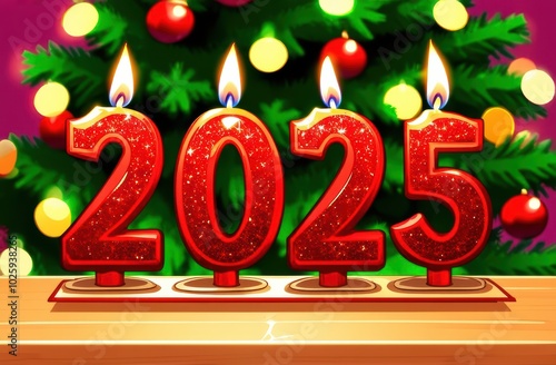 Illustration of burning candles in the shape of the numbers 2025 with a Christmas tree with lights in the background. Concept of winter holidays, New Year's Eve photo