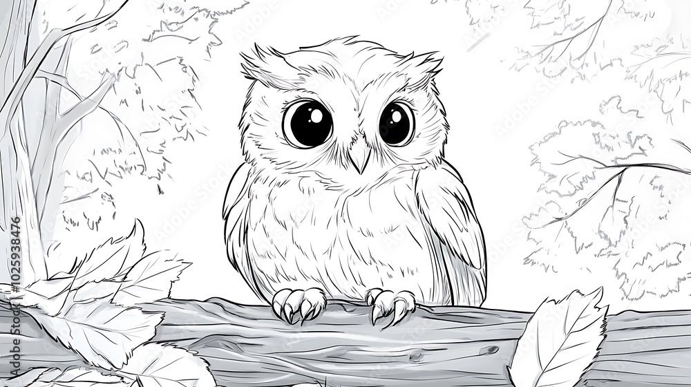 Fototapeta premium A cute owl with big round eyes sitting on a low branch, surrounded by minimal leaves and simple tree silhouettes, bold lines, low details, no shading, child-friendly design --ar 16:9 --sref https://s.