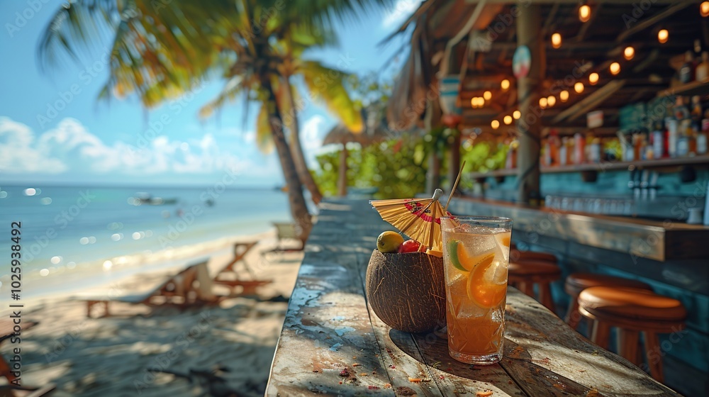 A refreshing cocktail sits on a bar counter overlooking a tropical beach with palm trees, blue water, and white sand. A refreshing cocktail sits on a bar counter overlooking a tropical beach with palm trees, blue water, and white sand.