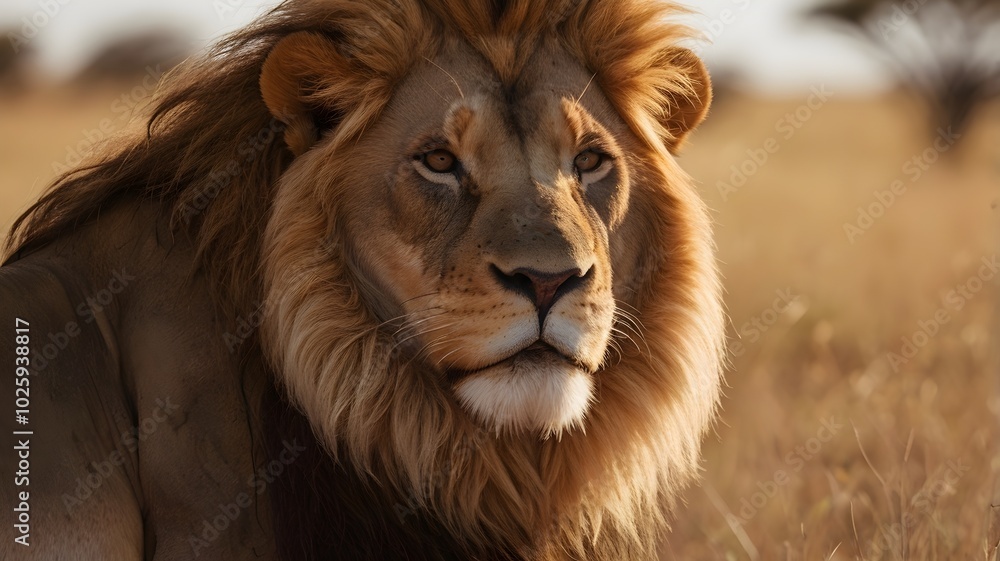 Fototapeta premium lion in the African savanna, with the wind blowing its mane.