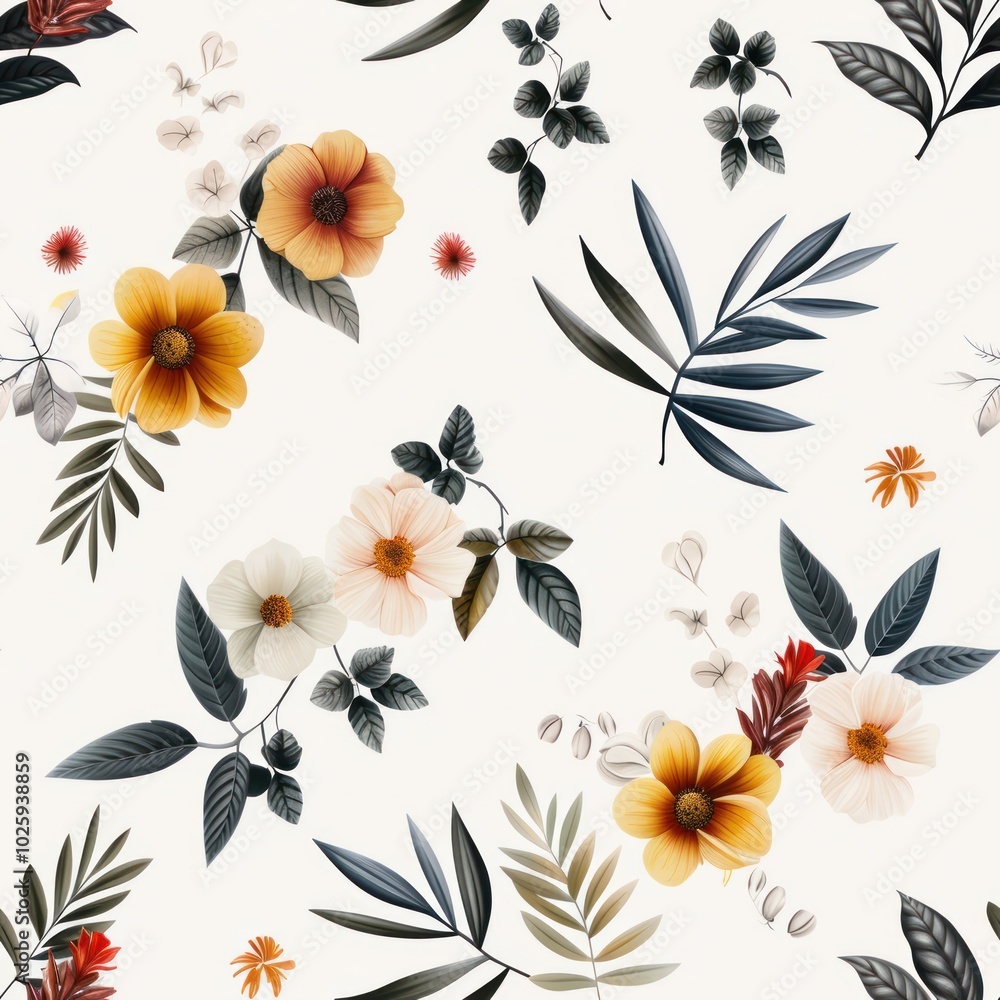 A vibrant floral pattern featuring assorted flowers and leaves on a light background, creating a fresh and elegant design.