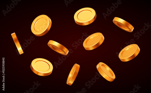 3d flying gold shiny coins on dark isolated background. Rich or casino luck concept. Precious expensive treasure. Stock vector illustration.	
