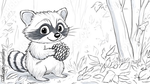 A cute raccoon holding a pinecone, standing beside a small shrub, minimal forest elements like scattered leaves and bushes, bold lines, low details, no shading, photo