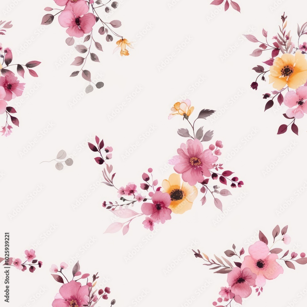 A delicate floral pattern featuring pink and yellow flowers on a soft, light background, ideal for textiles and wallpapers.