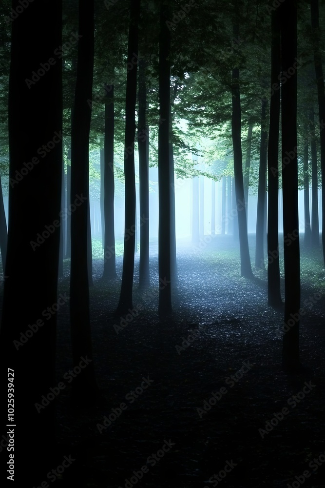 Obraz premium Forest with trees and a path with eerie lighting at night with fog
