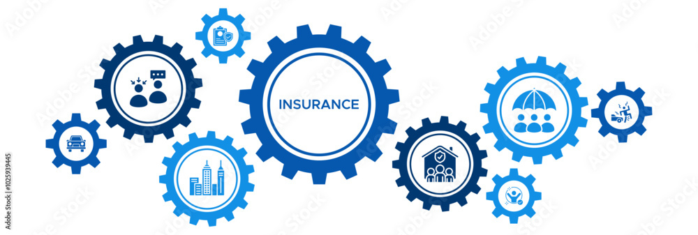 Comprehensive Insurance Banner Vector Concept Featuring Icons for Life, Car, Liability, Household, and Accident Policies Comprehensive Insurance Banner Vector Concept Featuring Icons for Life, Car, Liability, Household, and Accident Policies