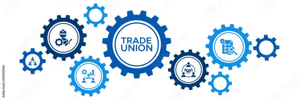 Trade Union Banner Vector Concept Featuring Icons for Labor Rights, Organization, Collaboration, and Legal Delegation Trade Union Banner Vector Concept Featuring Icons for Labor Rights, Organization, Collaboration, and Legal Delegation