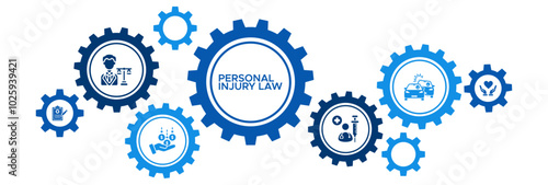 Personal Injury Law Banner Vector Concept Featuring Icons for Legal Compensation, Medical Reports, Malpractice, and Accidents