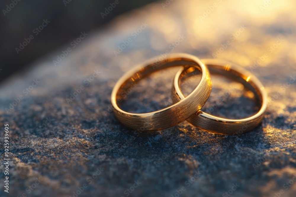 Two golden wedding rings resting on a textured stone surface, symbolizing love and commitment. Two golden wedding rings resting on a textured stone surface, symbolizing love and commitment.