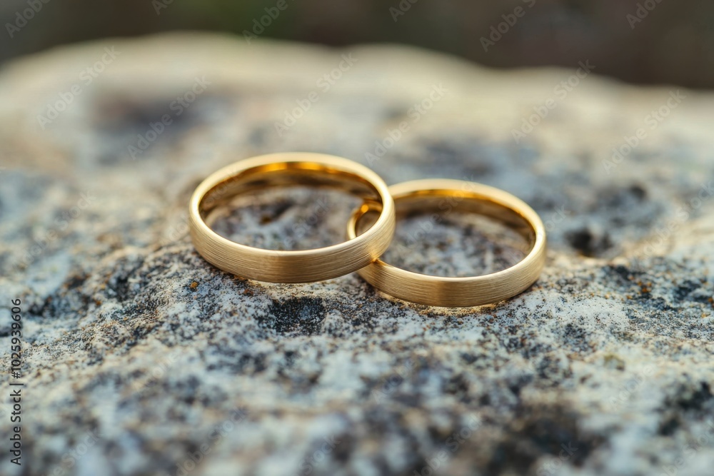 Two gold wedding bands resting on a textured rock surface, symbolizing love and commitment. Two gold wedding bands resting on a textured rock surface, symbolizing love and commitment.