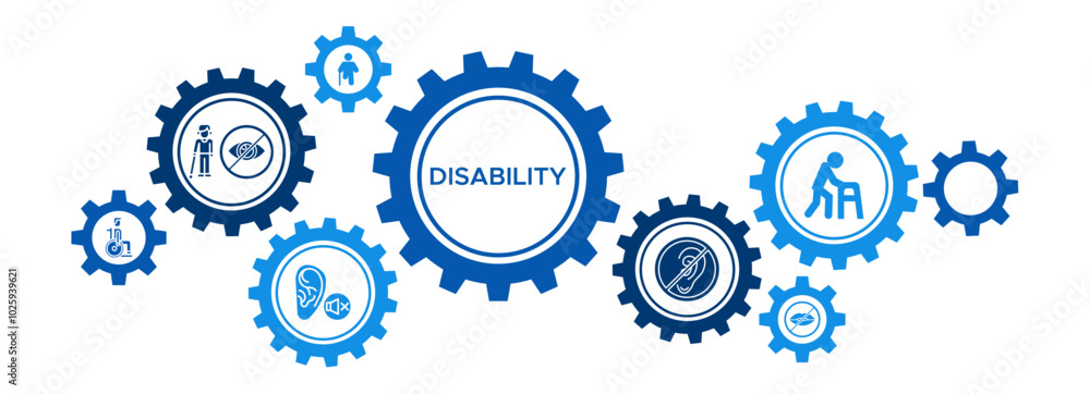 Disability Support Banner Vector Concept Featuring Icons for the Disabled, Blind, Amputees, Deaf-Mute, and Walkers for Assistance Disability Support Banner Vector Concept Featuring Icons for the Disabled, Blind, Amputees, Deaf-Mute, and Walkers for Assistance
