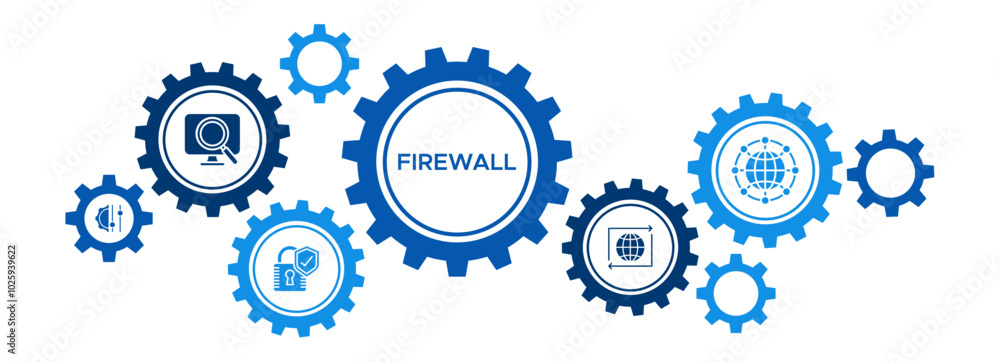 Firewall and Network Security Banner Vector Concept Featuring Icons for Monitoring, Network Traffic Control, and Security Rules Firewall and Network Security Banner Vector Concept Featuring Icons for Monitoring, Network Traffic Control, and Security Rules