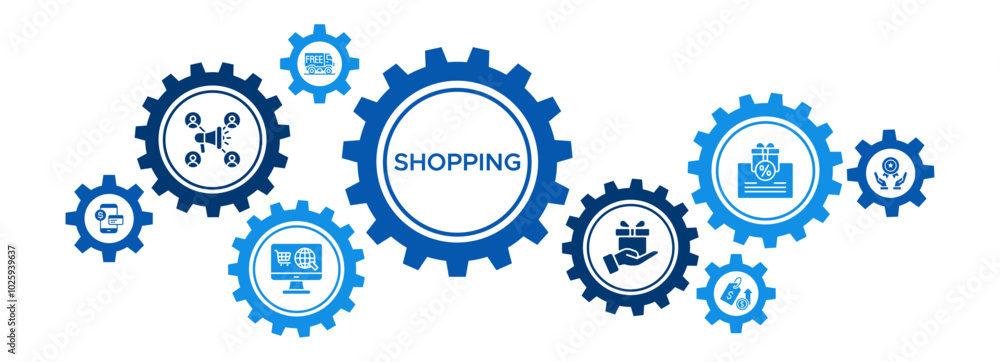 Shopping and E-commerce Banner Vector Concept Featuring Icons for Promotions, Online Payments, Free Shipping, and Customer Rewards Shopping and E-commerce Banner Vector Concept Featuring Icons for Promotions, Online Payments, Free Shipping, and Customer Rewards