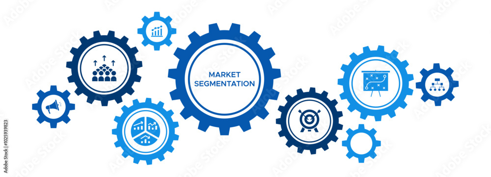 Market Segmentation Banner Vector Concept Featuring Icons for Demographics, Target Niche, Classification, and Marketing Strategy Market Segmentation Banner Vector Concept Featuring Icons for Demographics, Target Niche, Classification, and Marketing Strategy