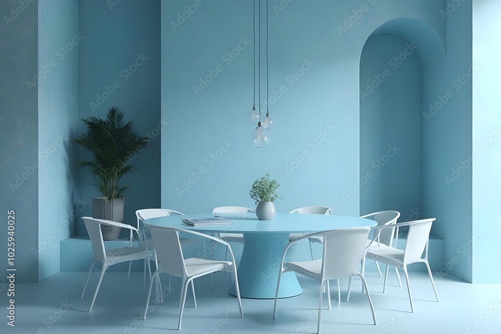 A modern dining room with a round turquoise table, white chairs, hanging light fixture, and potted plants A modern dining room with a round turquoise table, white chairs, hanging light fixture, and potted plants