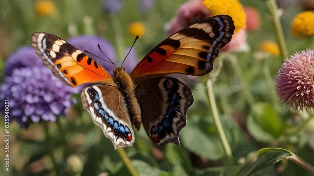 Fototapeta premium butterfly landing on a flower, with vibrantly colored wings